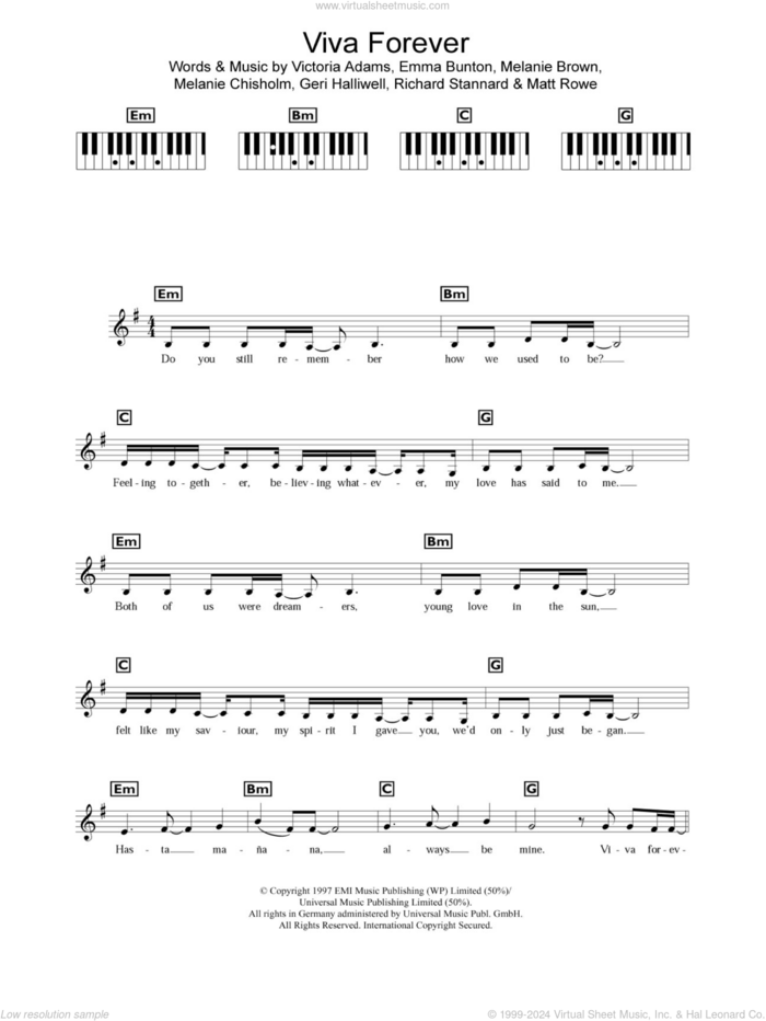 Viva Forever sheet music for piano solo (chords, lyrics, melody) by Spice Girls, Chisholm Melanie, Emma Bunton, Geri Halliwell, Matt Rowe, Melanie Brown, Richard Stannard and Victoria Adams, intermediate piano (chords, lyrics, melody)