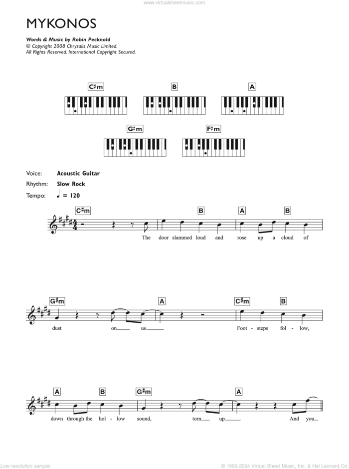 Mykonos sheet music for piano solo (chords, lyrics, melody) by Fleet Foxes and Robin Pecknold, intermediate piano (chords, lyrics, melody)