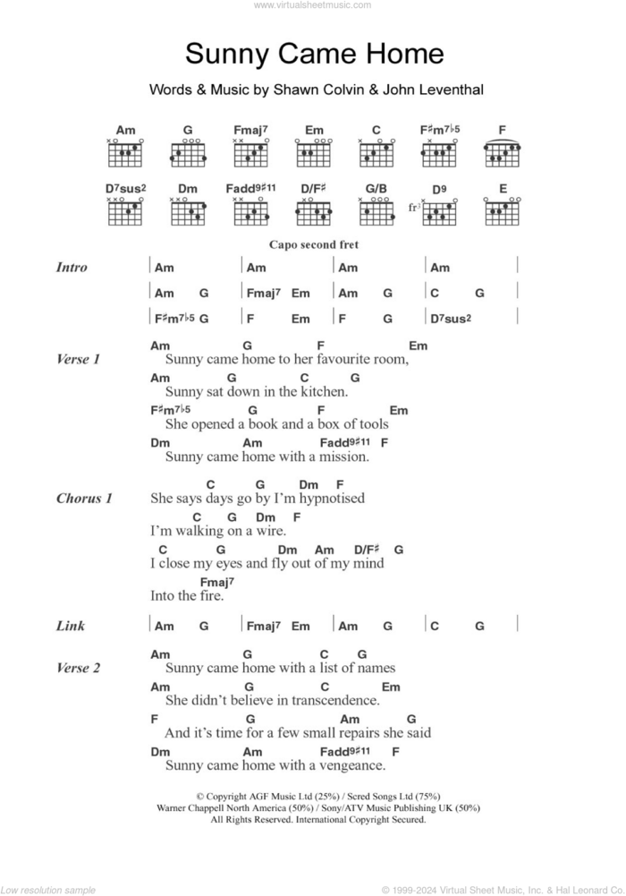 Sunny Came Home sheet music for guitar (chords) by Shawn Colvin and John Leventhal, intermediate skill level