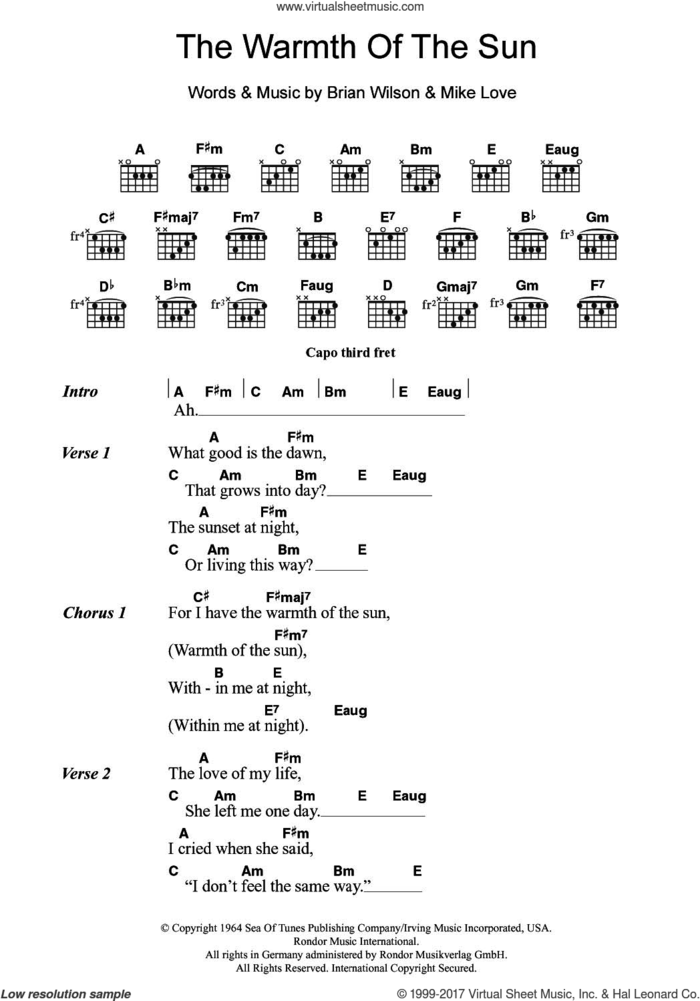 The Warmth Of The Sun sheet music for guitar (chords) by The Beach Boys, Brian Wilson and Mike Love, intermediate skill level