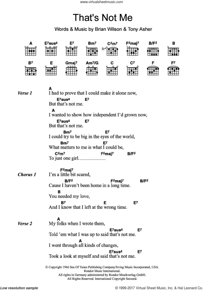 That's Not Me sheet music for guitar (chords) by The Beach Boys, Brian Wilson and Tony Asher, intermediate skill level