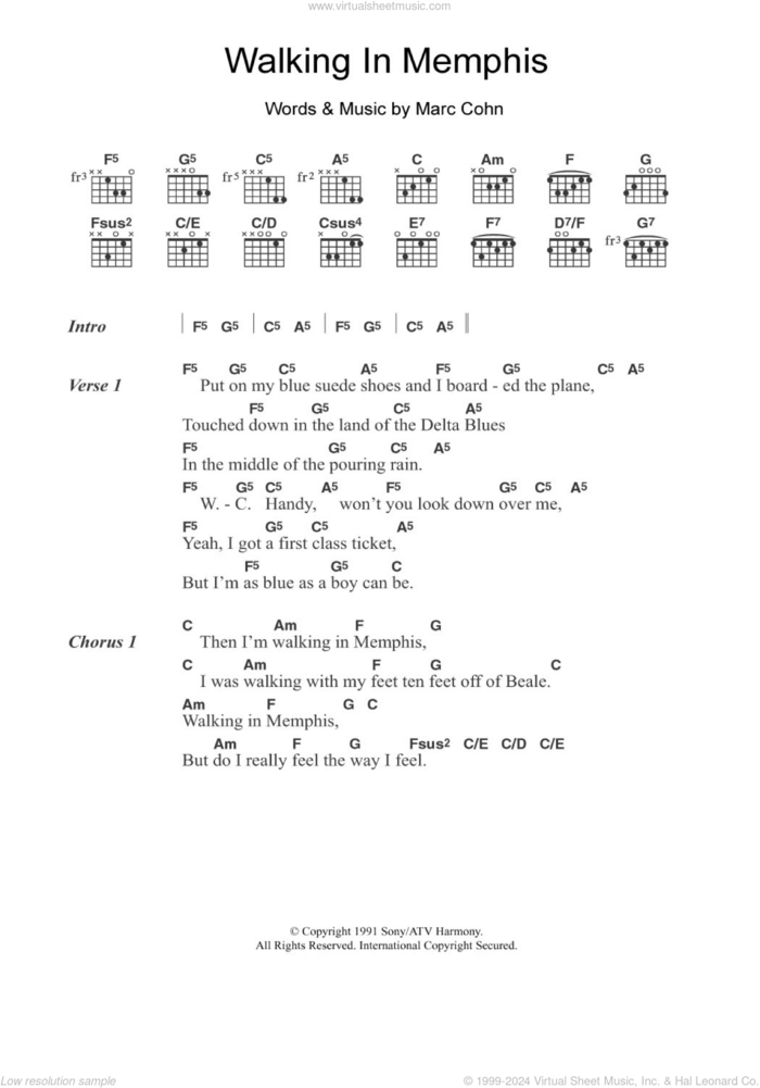 Walking In Memphis sheet music for guitar (chords) by Marc Cohn, intermediate skill level