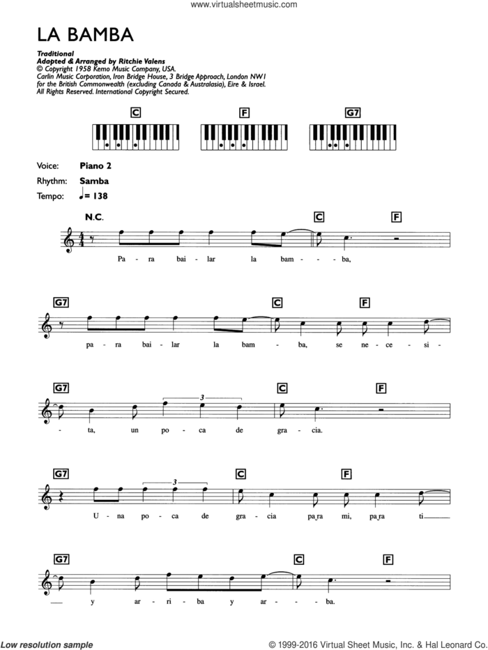 La Bamba sheet music for piano solo (chords, lyrics, melody) by Los Lobos and Miscellaneous, intermediate piano (chords, lyrics, melody)