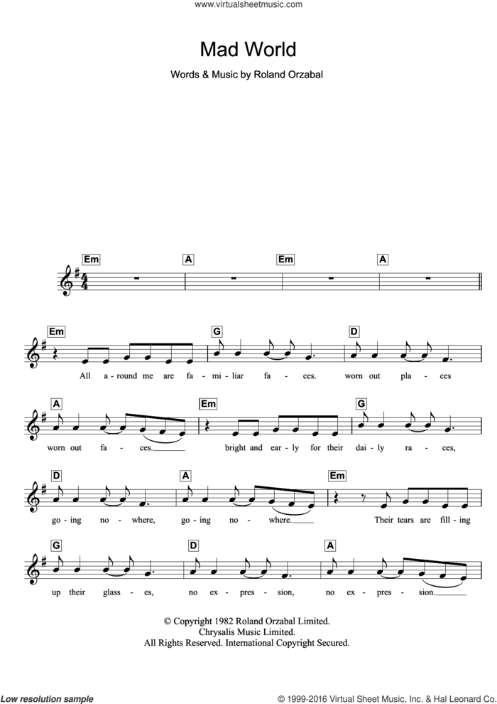 Mad World (from Donnie Darko) sheet music for piano solo (chords, lyrics, melody) by Gary Jules, Michael Andrews and Roland Orzabal, intermediate piano (chords, lyrics, melody)