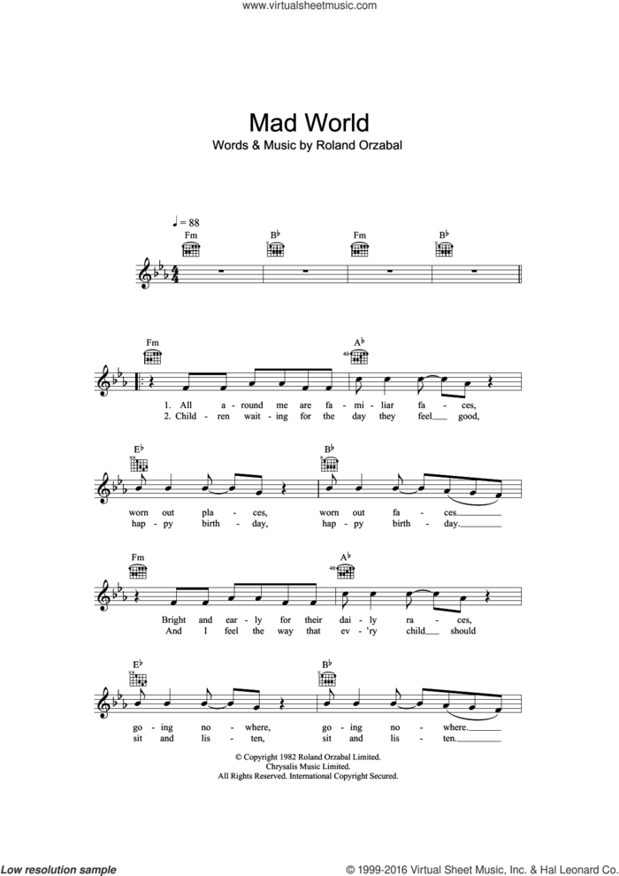 Mad World (from Donnie Darko) sheet music for voice and other instruments (fake book) by Gary Jules, Michael Andrews and Roland Orzabal, intermediate skill level