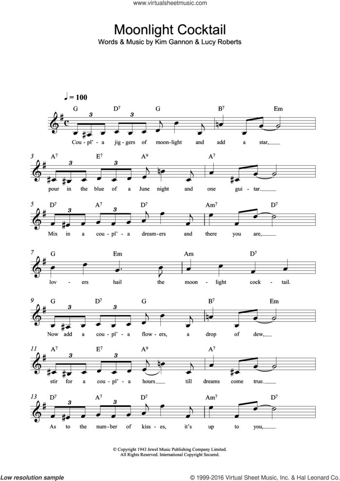 Moonlight Cocktail sheet music for voice and other instruments (fake book) by Kim Gannon and Lucy Roberts, intermediate skill level