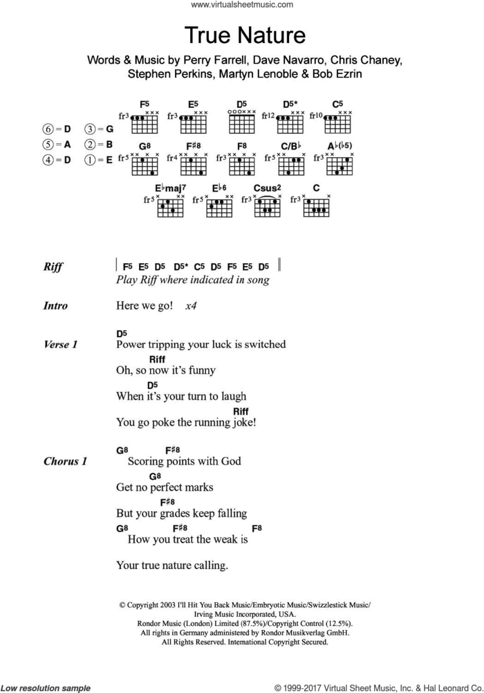 True Nature sheet music for guitar (chords) by Jane's Addiction, Bob Ezrin, Chris Chaney, Dave Navarro, Martyn Lenoble, Perry Farrell and Stephen Perkins, intermediate skill level
