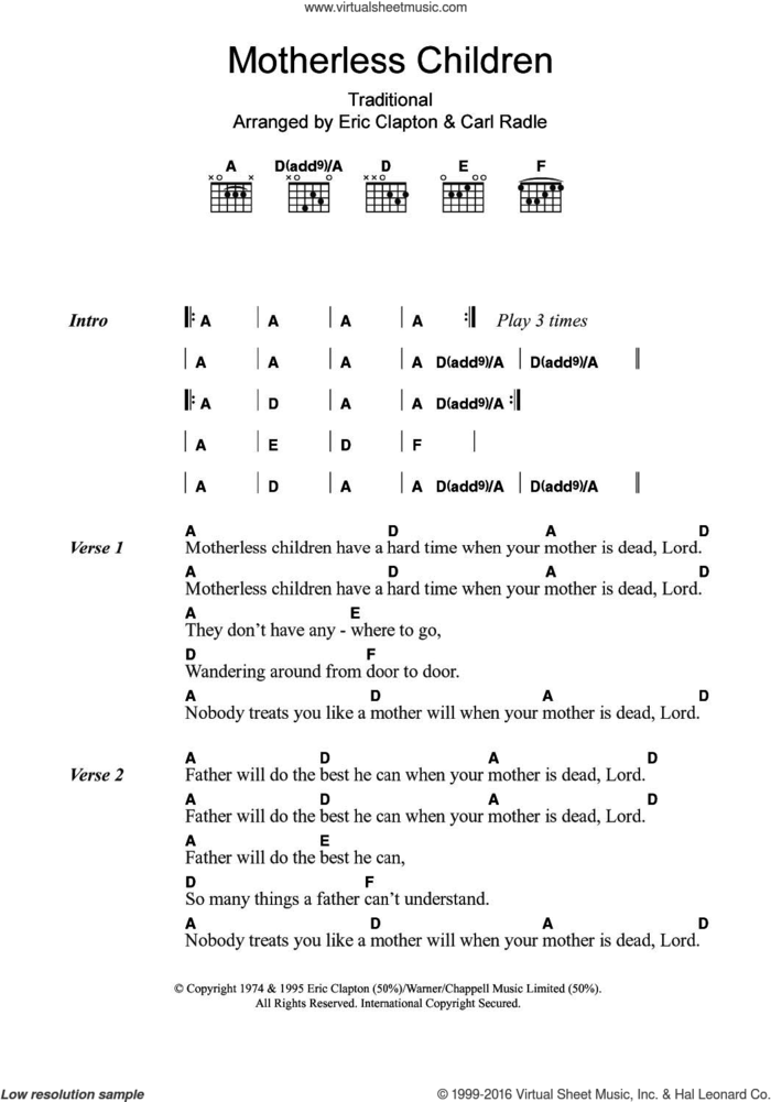 Motherless Children sheet music for guitar (chords) by Eric Clapton and Miscellaneous, intermediate skill level