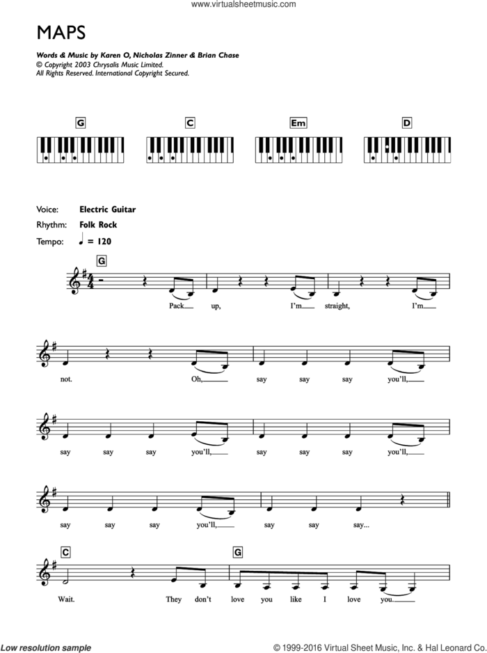 Maps sheet music for piano solo (chords, lyrics, melody) by Yeah Yeah Yeahs, Brian Chase, Karen O and Nick Zinner, intermediate piano (chords, lyrics, melody)