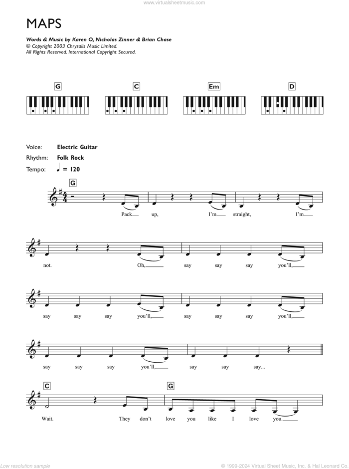 Maps sheet music for piano solo (chords, lyrics, melody) by Yeah Yeah Yeahs, Brian Chase, Karen O and Nick Zinner, intermediate piano (chords, lyrics, melody)