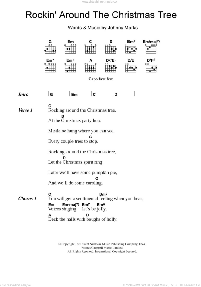 Rockin' Around The Christmas Tree sheet music for guitar (chords) by Brenda Lee and Johnny Marks, intermediate skill level