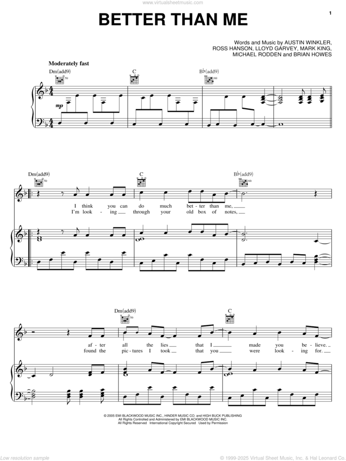 Better Than Me sheet music for voice, piano or guitar by Hinder, Austin Winkler, Brian Howes, Lloyd Garvey, Mark King, Michael Rodden and Ross Hanson, intermediate skill level