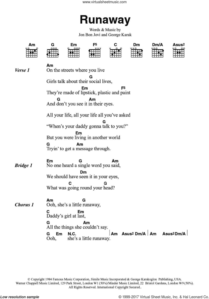 Runaway sheet music for guitar (chords) by Bon Jovi and George Karak, intermediate skill level