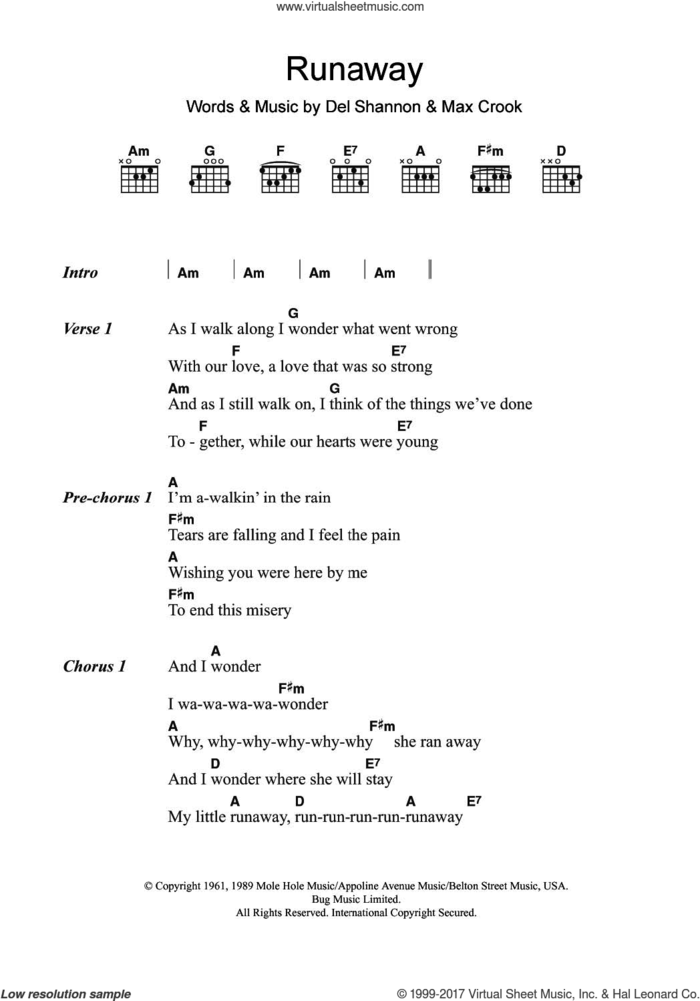Runaway sheet music for guitar (chords) by Del Shannon and Max Crook, intermediate skill level