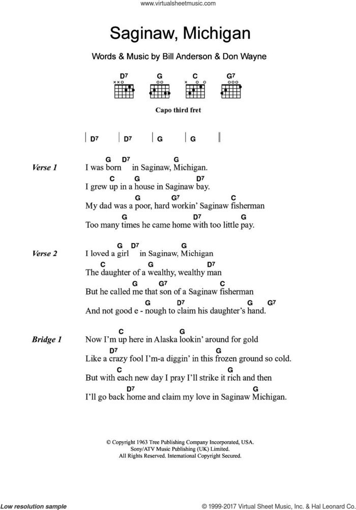 Saginaw, Michigan sheet music for guitar (chords) by Lefty Frizzell, Bill Anderson and Don Wayne, intermediate skill level