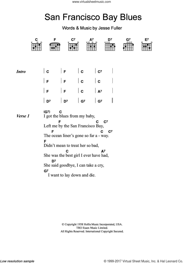 San Francisco Bay Blues sheet music for guitar (chords) by Eric Clapton and Jesse Fuller, intermediate skill level
