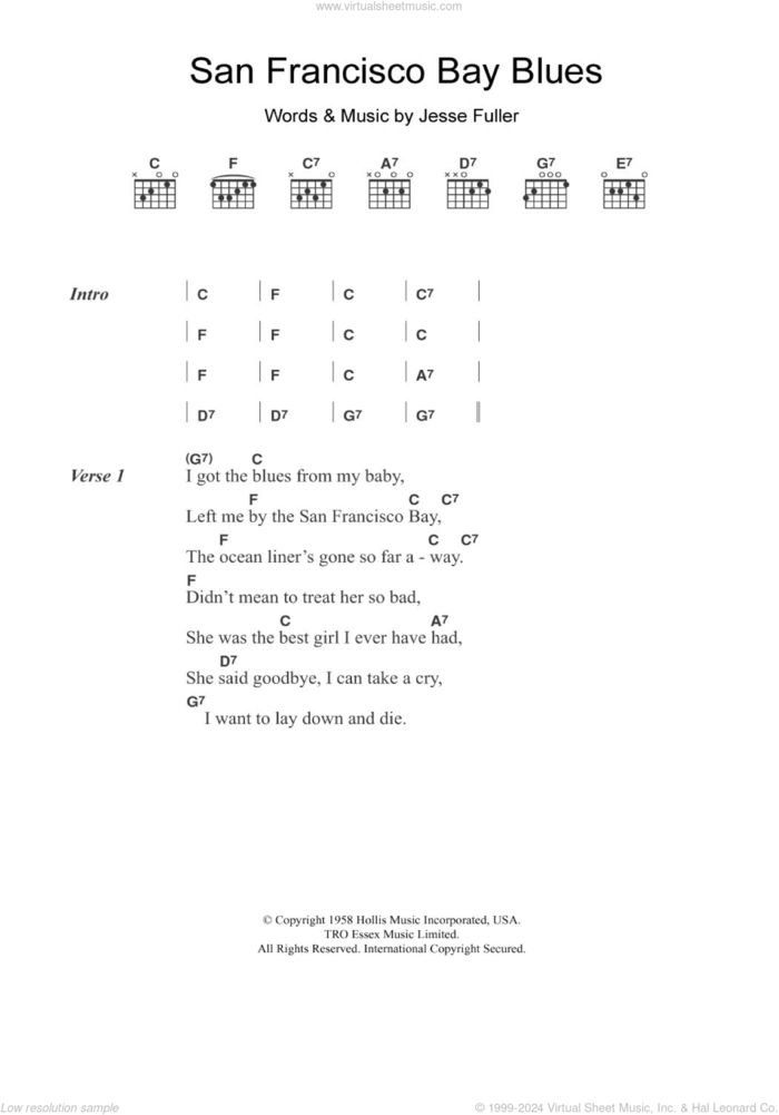 San Francisco Bay Blues sheet music for guitar (chords) by Eric Clapton and Jesse Fuller, intermediate skill level