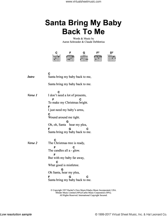 Santa, Bring My Baby Back (To Me) sheet music for guitar (chords) by Elvis Presley, Aaron Schroeder and Claude DeMetruis, intermediate skill level