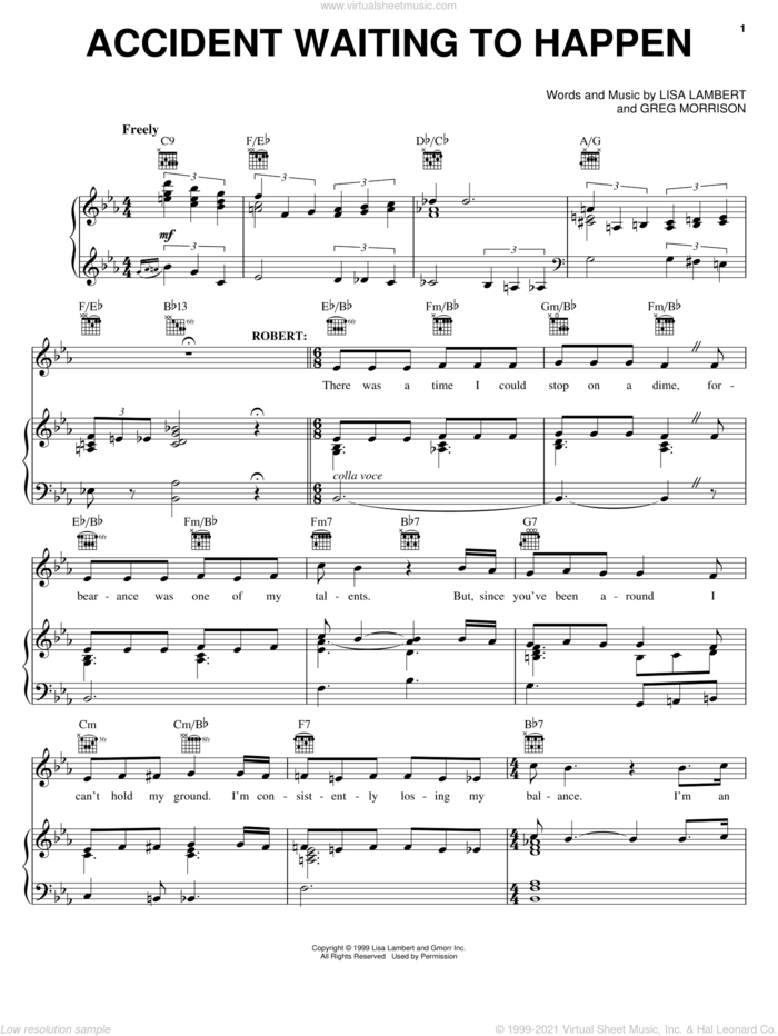 Accident Waiting To Happen sheet music for voice, piano or guitar by Lisa Lambert, Drowsy Chaperone (Musical) and Greg Morrison, intermediate skill level