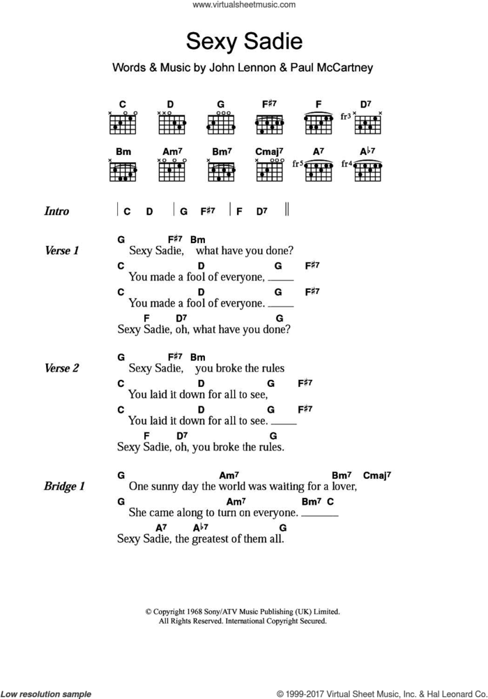 Sexy Sadie sheet music for guitar (chords) by The Beatles, John Lennon and Paul McCartney, intermediate skill level