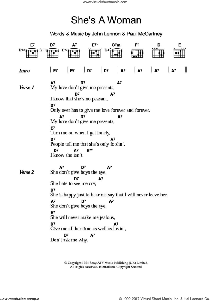 She's A Woman sheet music for guitar (chords) by The Beatles, John Lennon and Paul McCartney, intermediate skill level