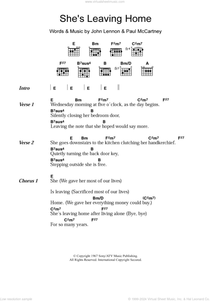 She's Leaving Home sheet music for guitar (chords) by The Beatles, Paul McCartney and John Lennon, intermediate skill level