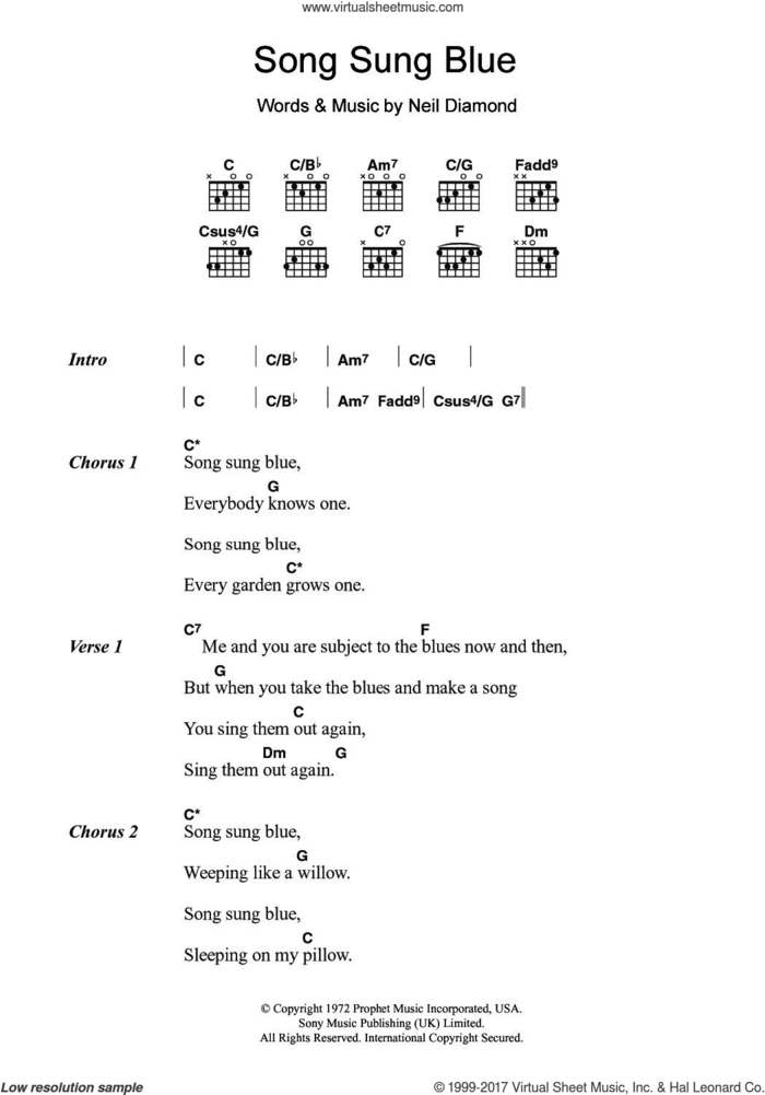 Song Sung Blue sheet music for guitar (chords) by Neil Diamond, intermediate skill level