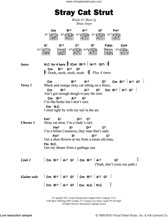 Stray Cat Strut sheet music for guitar (chords) by The Stray Cats and Brian Setzer, intermediate skill level