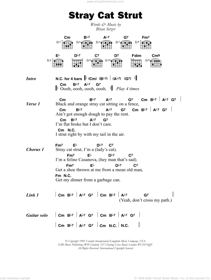 Stray Cat Strut sheet music for guitar (chords) by The Stray Cats and Brian Setzer, intermediate skill level