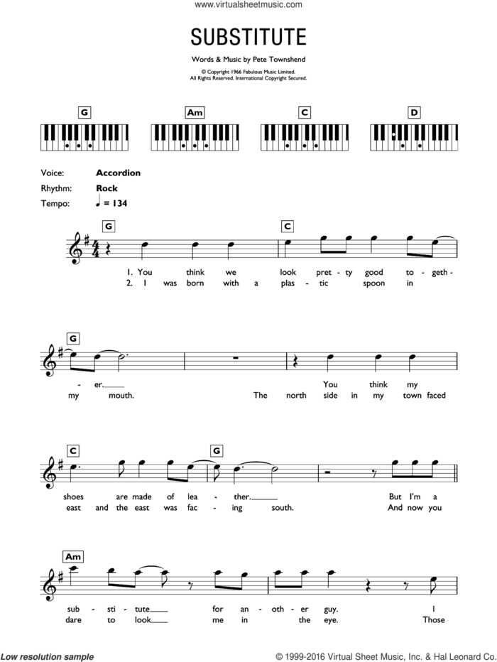 Substitute sheet music for piano solo (chords, lyrics, melody) by The Who and Pete Townshend, intermediate piano (chords, lyrics, melody)
