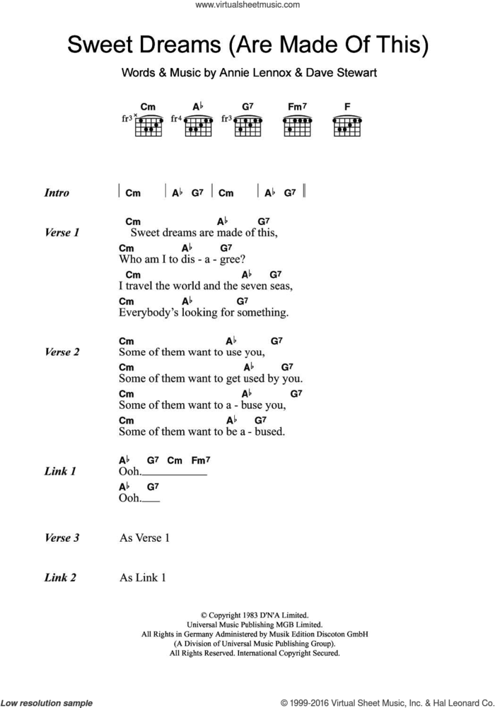 Sweet Dreams (Are Made Of This) sheet music for guitar (chords) by Eurythmics, Annie Lennox and Dave Stewart, intermediate skill level