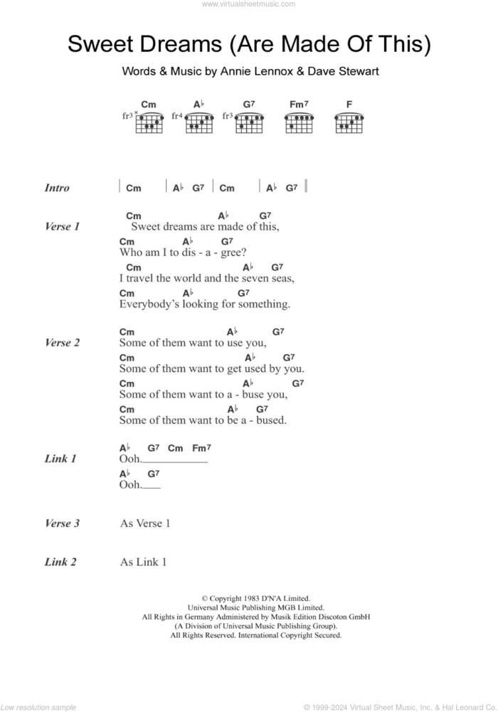 Sweet Dreams (Are Made Of This) sheet music for guitar (chords) by Eurythmics, Annie Lennox and Dave Stewart, intermediate skill level