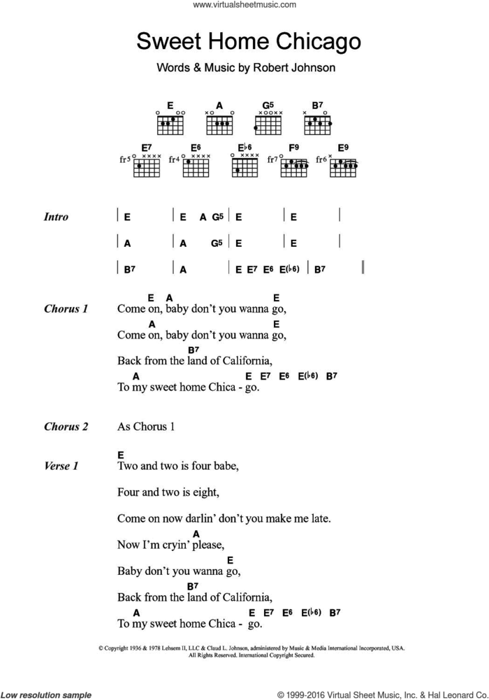 Sweet Home Chicago sheet music for guitar (chords) by Eric Clapton and Robert Johnson, intermediate skill level