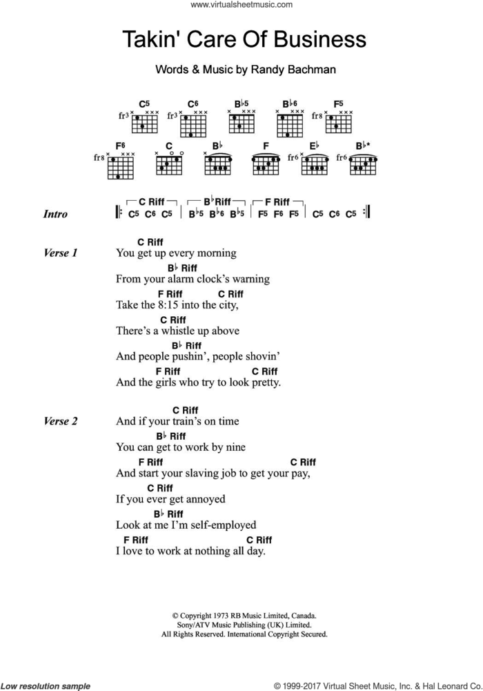 Takin' Care Of Business sheet music for guitar (chords) by Bachman-Turner Overdrive and Randy Bachman, intermediate skill level