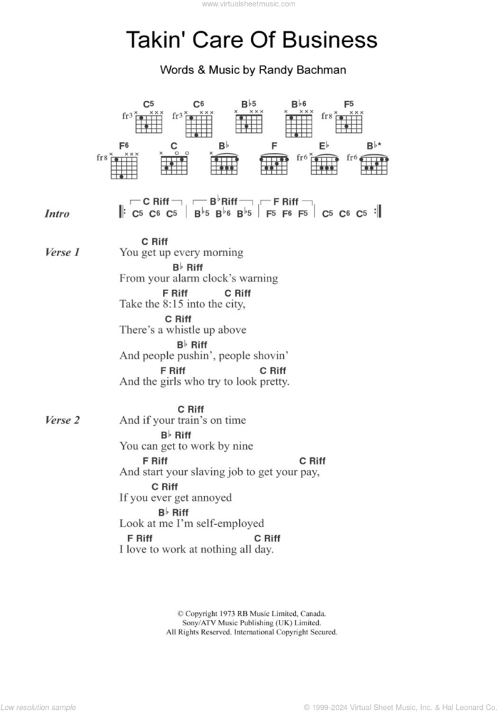 Takin' Care Of Business sheet music for guitar (chords) by Bachman-Turner Overdrive and Randy Bachman, intermediate skill level