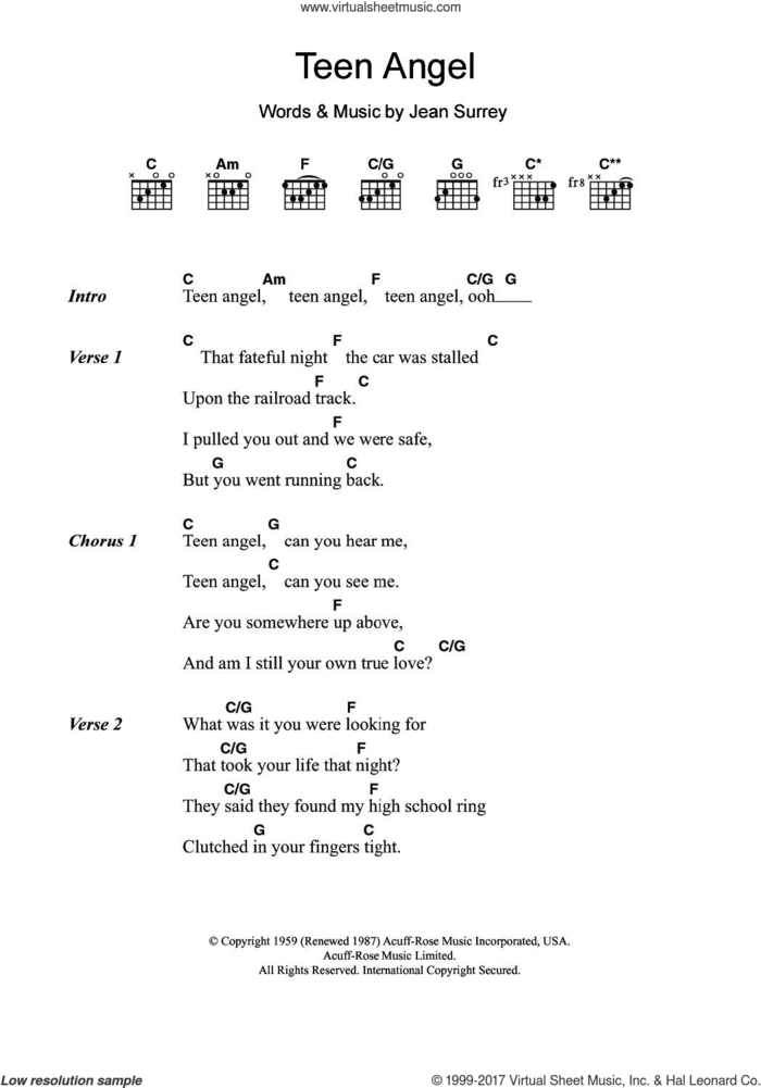 Teen Angel sheet music for guitar (chords) by Mark Dinning and Jean Surrey, intermediate skill level