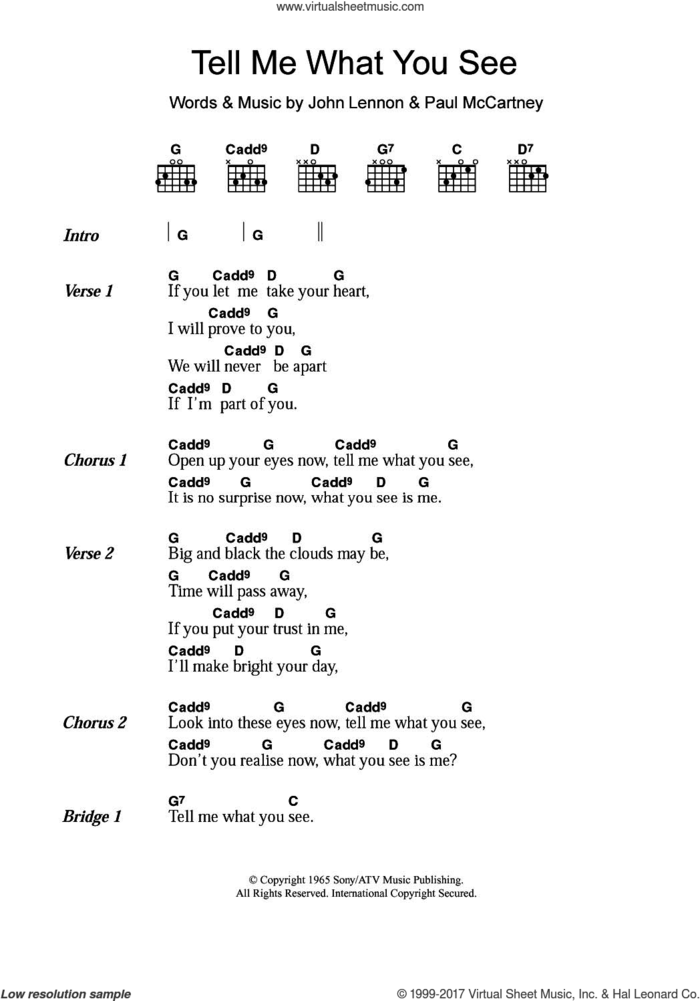 Tell Me What You See sheet music for guitar (chords) by The Beatles, John Lennon and Paul McCartney, intermediate skill level