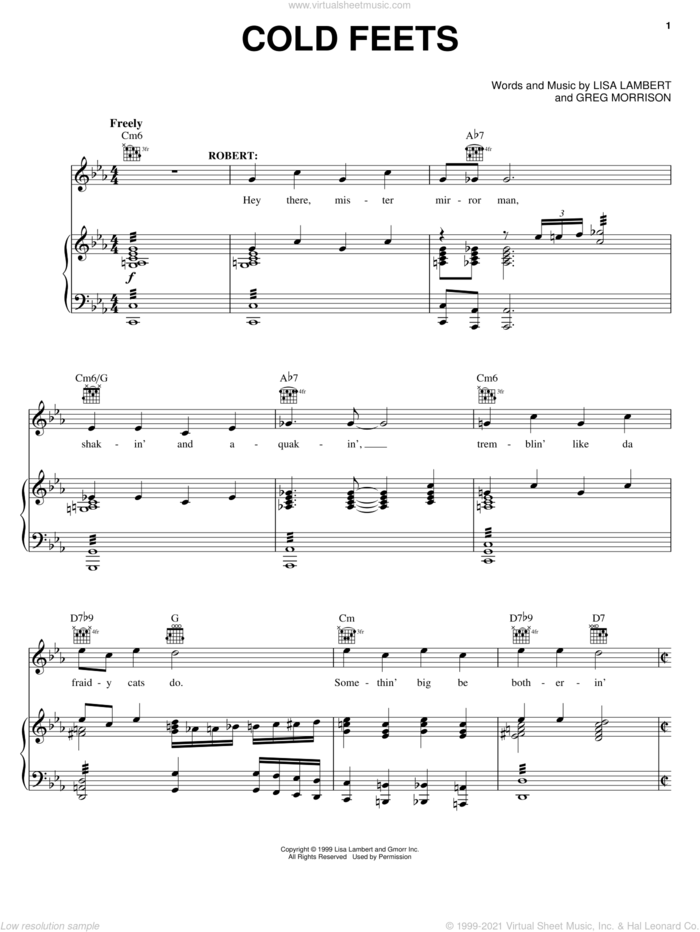 Cold Feets sheet music for voice, piano or guitar by Lisa Lambert, Drowsy Chaperone (Musical) and Greg Morrison, intermediate skill level