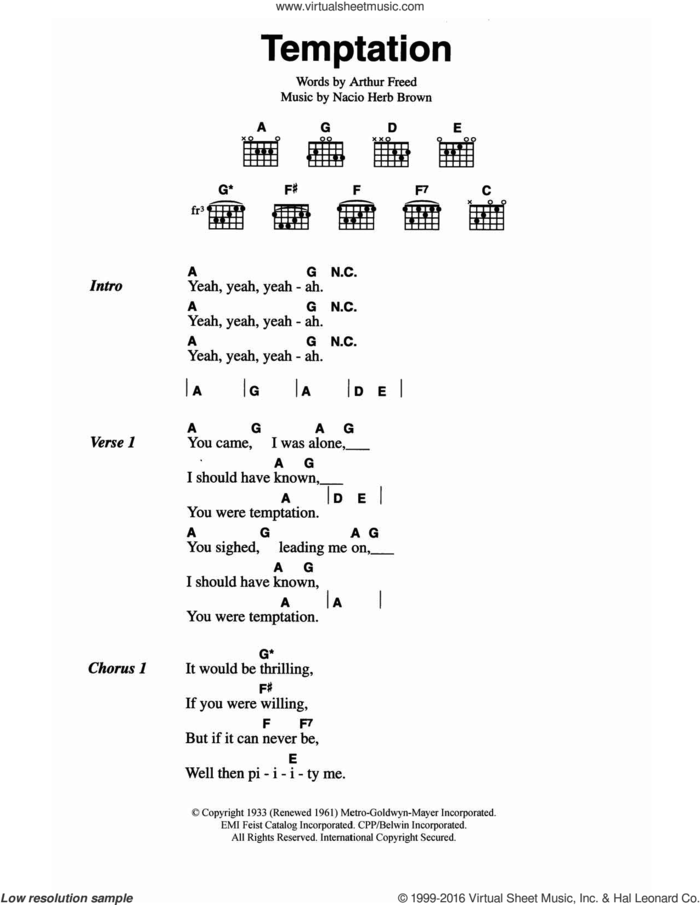 Temptation sheet music for guitar (chords) by The Everly Brothers, Arthur Freed and Nacio Herb Brown, intermediate skill level
