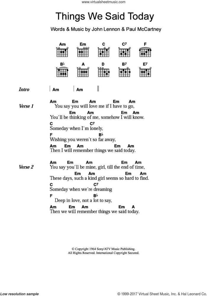 Things We Said Today sheet music for guitar (chords) by The Beatles, John Lennon and Paul McCartney, intermediate skill level