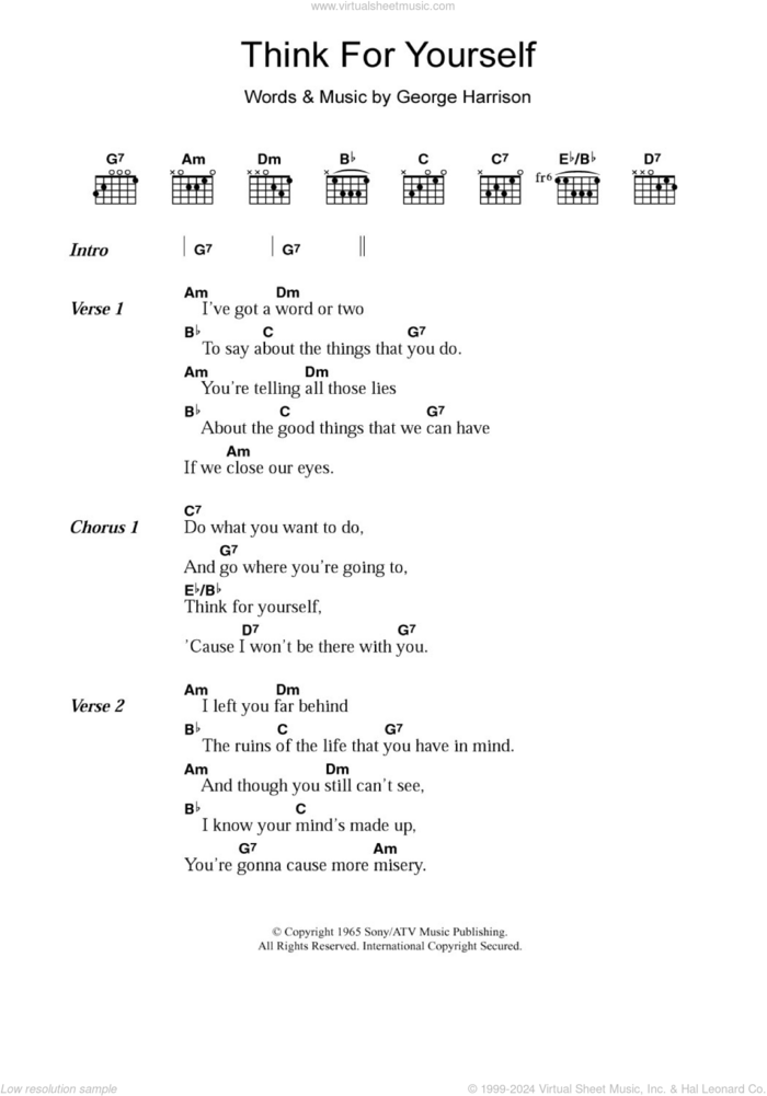 Think For Yourself sheet music for guitar (chords) by The Beatles and George Harrison, intermediate skill level