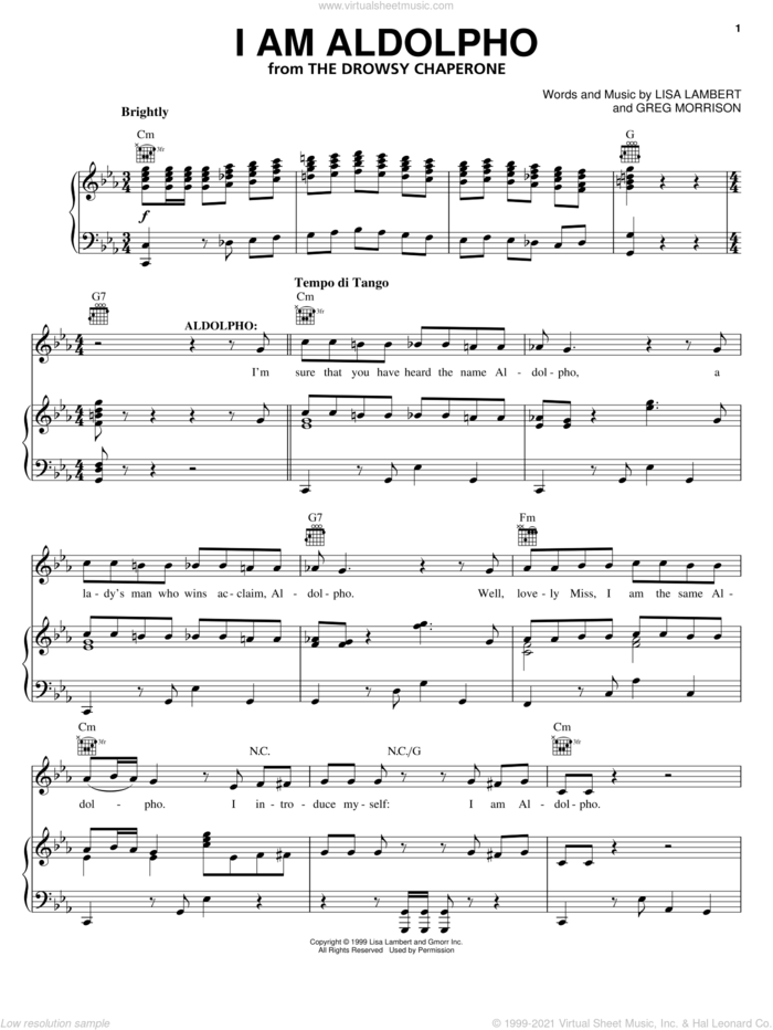 I Am Aldolpho sheet music for voice, piano or guitar by Lisa Lambert, Drowsy Chaperone (Musical) and Greg Morrison, intermediate skill level