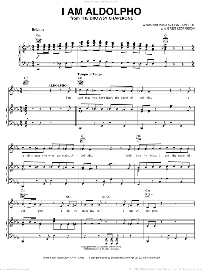 I Am Aldolpho sheet music for voice, piano or guitar by Lisa Lambert, Drowsy Chaperone (Musical) and Greg Morrison, intermediate skill level