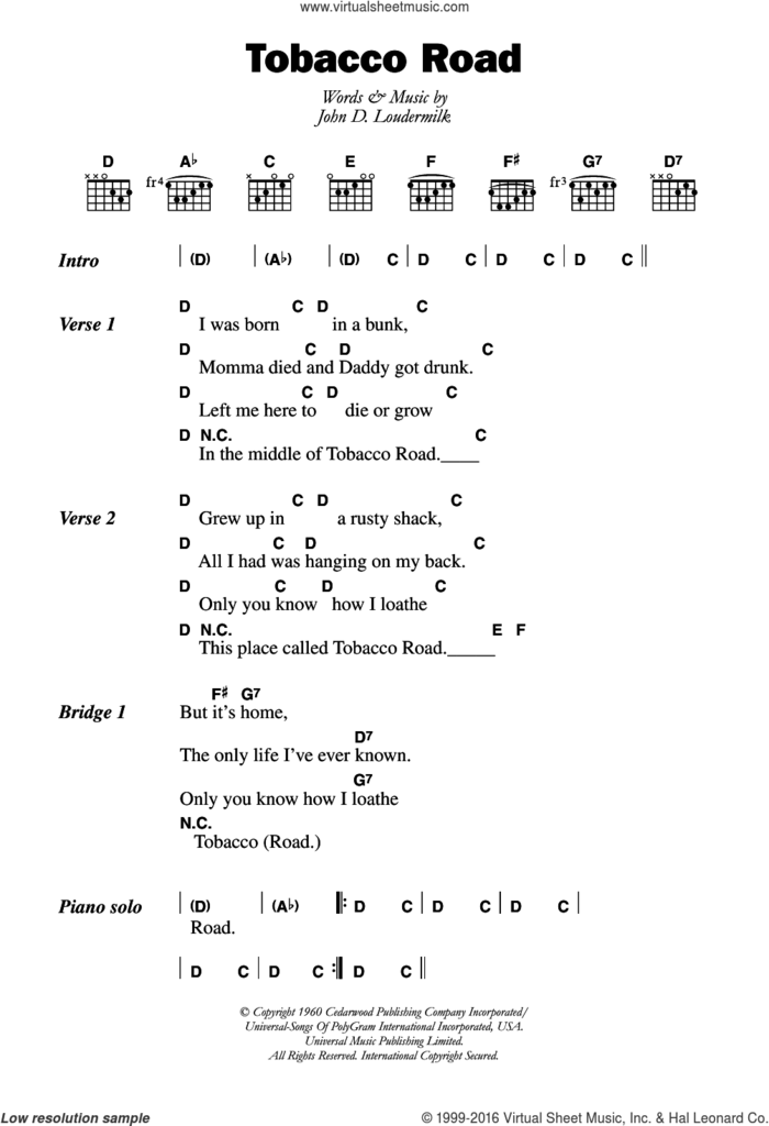 Tobacco Road sheet music for guitar (chords) by The Nashville Teens and John D. Loudermilk, intermediate skill level