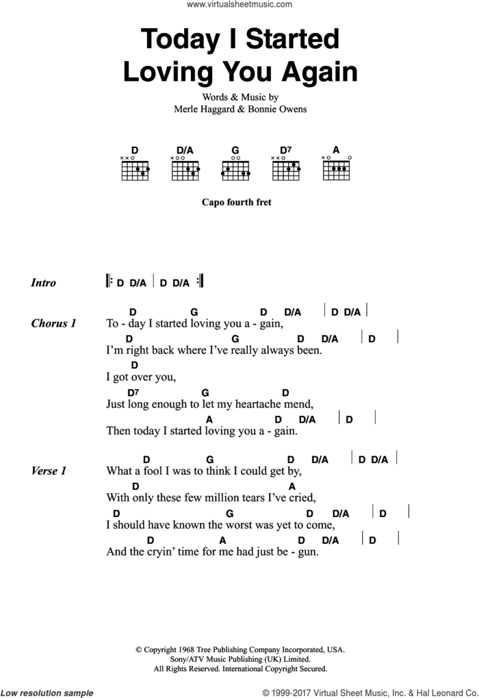 Today I Started Loving You Again sheet music for guitar (chords) by Merle Haggard and Bonnie Owens, intermediate skill level