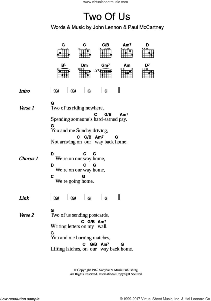 Two Of Us sheet music for guitar (chords) by The Beatles, John Lennon and Paul McCartney, intermediate skill level