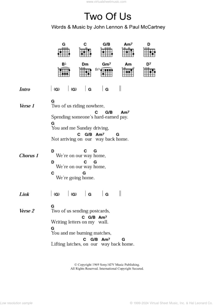 Two Of Us sheet music for guitar (chords) by The Beatles, John Lennon and Paul McCartney, intermediate skill level