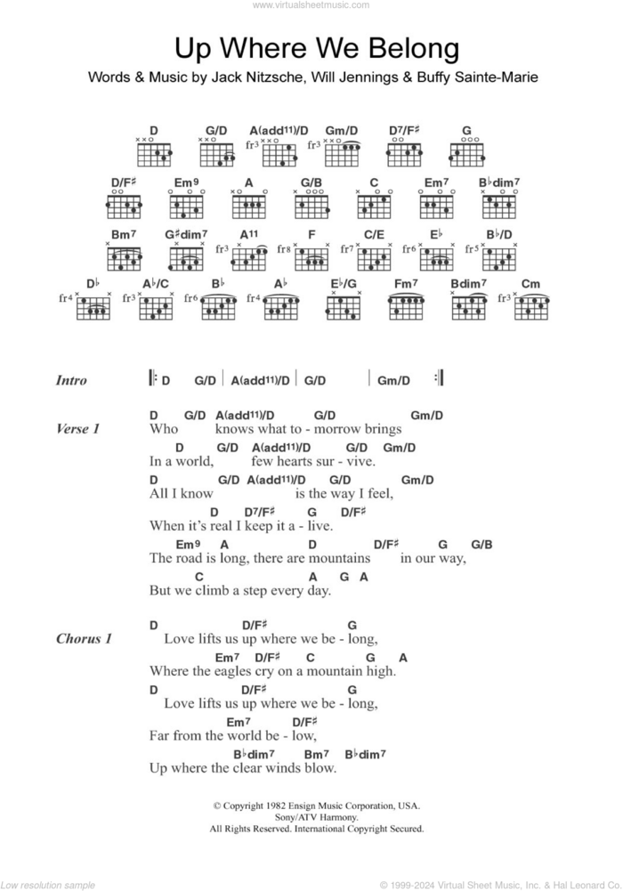 Up Where We Belong (from An Officer And A Gentleman) sheet music for guitar (chords) by Joe Cocker, Jennifer Warnes, Buffy Sainte-Marie, Jack Nitzsche and Will Jennings, intermediate skill level