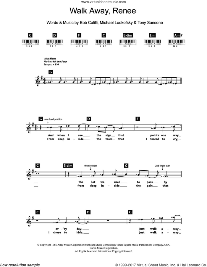 Walk Away, Renee sheet music for piano solo (chords, lyrics, melody) by The Four Tops, The Left Banke, Bob Calilli, Michael Lookofsky and Tony Sansone, intermediate piano (chords, lyrics, melody)