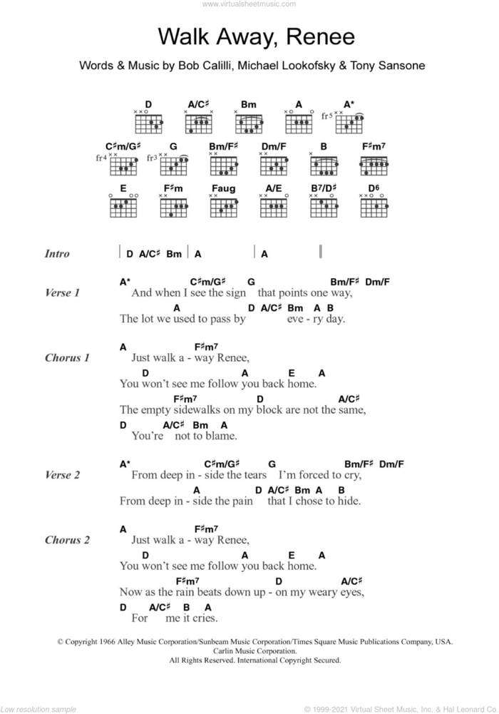Walk Away, Renee sheet music for guitar (chords) by The Four Tops, The Left Banke, Bob Calilli, Michael Lookofsky and Tony Sansone, intermediate skill level